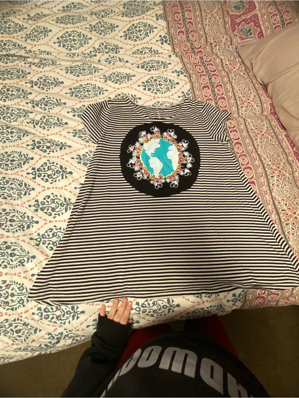 SO Black & White Striped Dress with Colorful Globe Patch